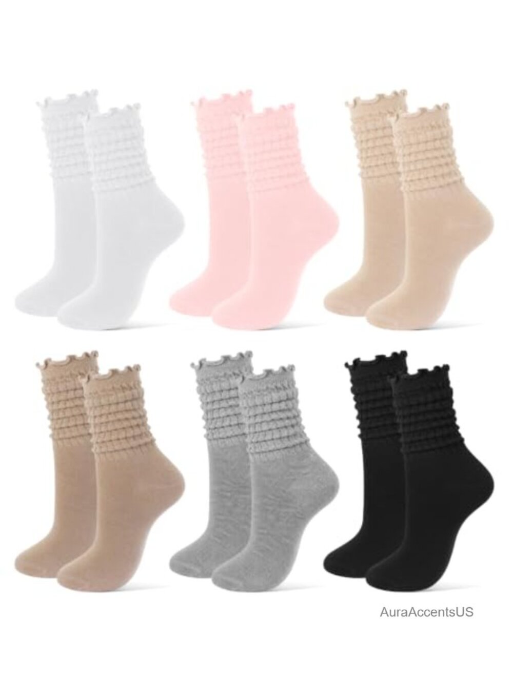 Womens Cotton Ruffle Slouchy Calf Socks 6 Pack Cute Long Scrunch Socks